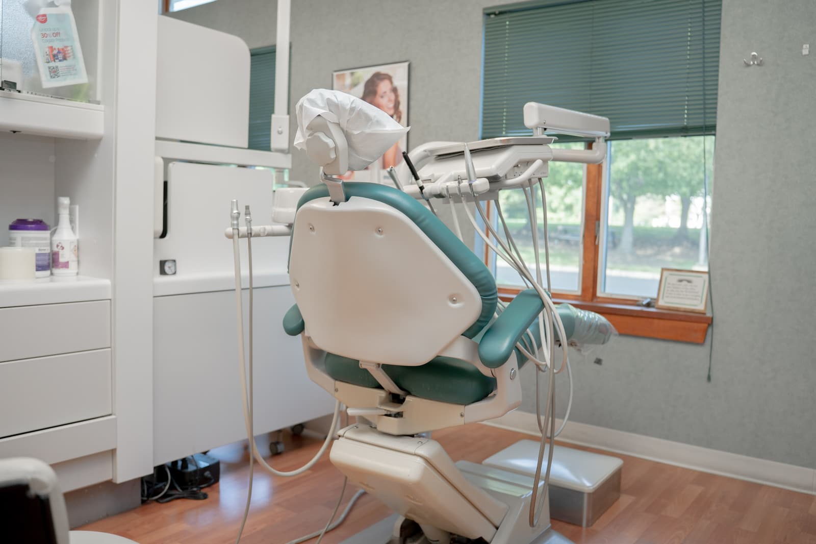 Dental chair facing a window with trees outside